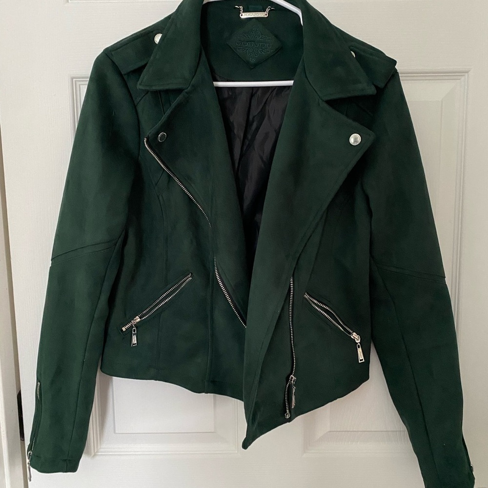 Asymmetric Green Faux Suede Moto Jacket